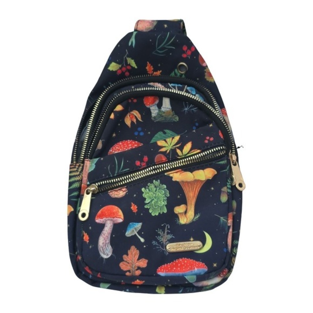 Mushroom Print Crossbody Bag Jingpin‎ Nylon Black Adjustable Strap Zipper